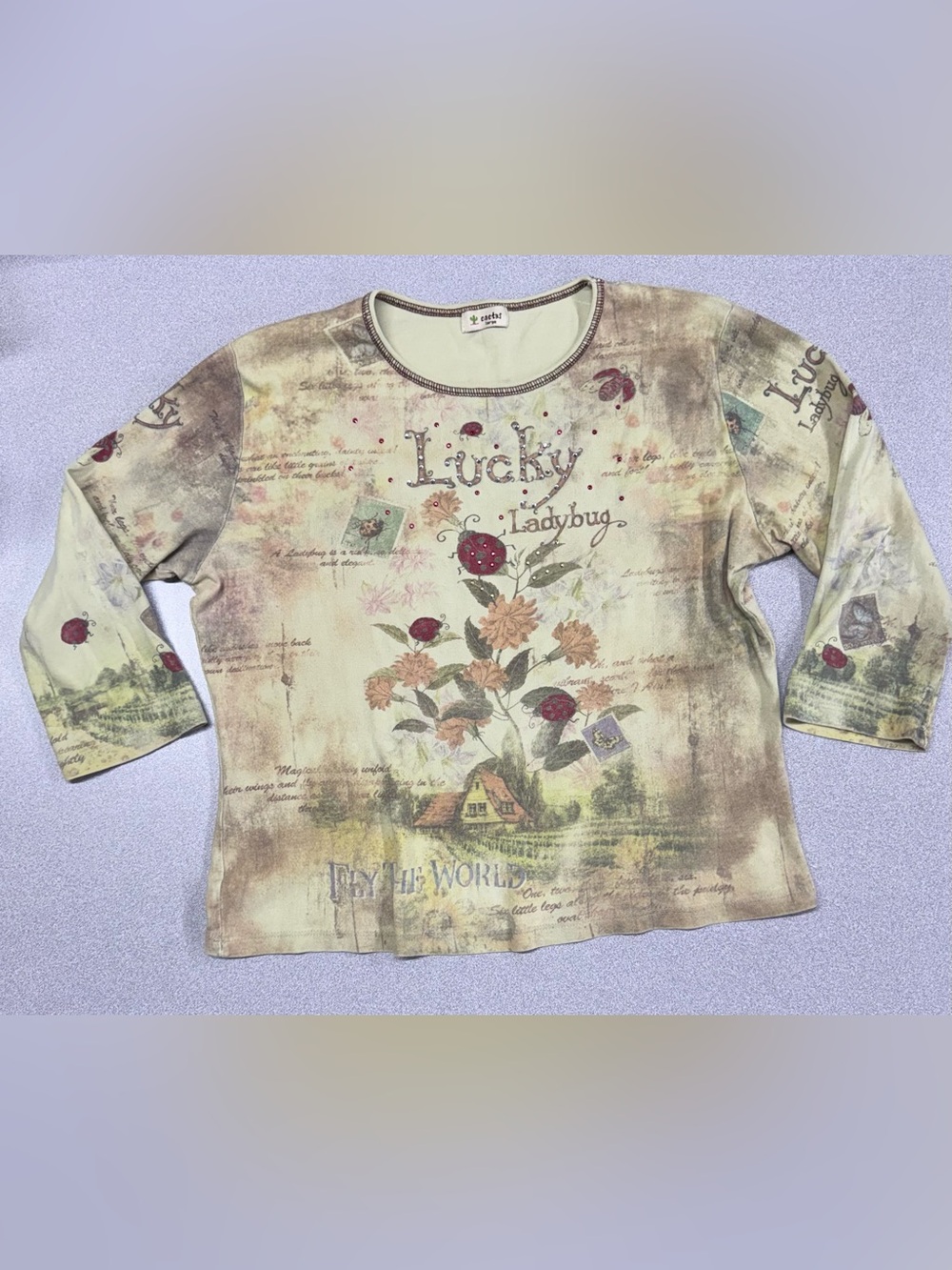 Cactus Y2K Graphic Top Lucky Ladybug Floral Collage Print Rhinestone 3/4 Sleeve